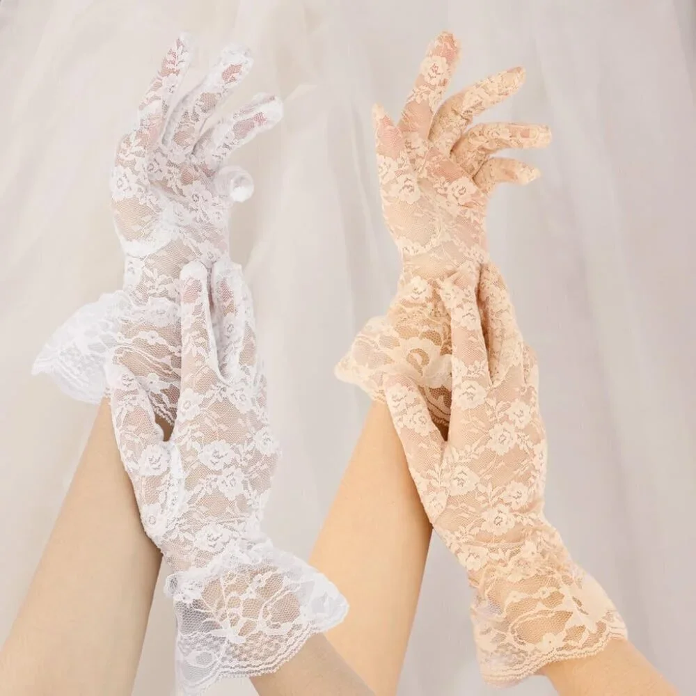 Women White Beige 2P Gloves Bridal Wedding Party Opera Fashion Halloween Cosplay